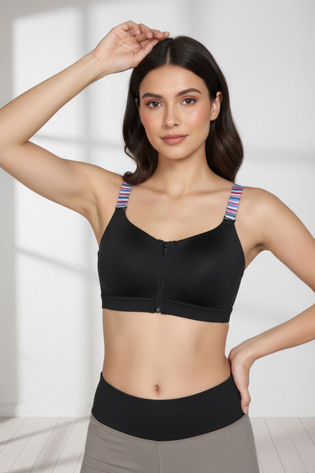 Zelocity High Impact Quick Dry Front Opening Multicolor Strap Sports Bra - Jet Black — image 6